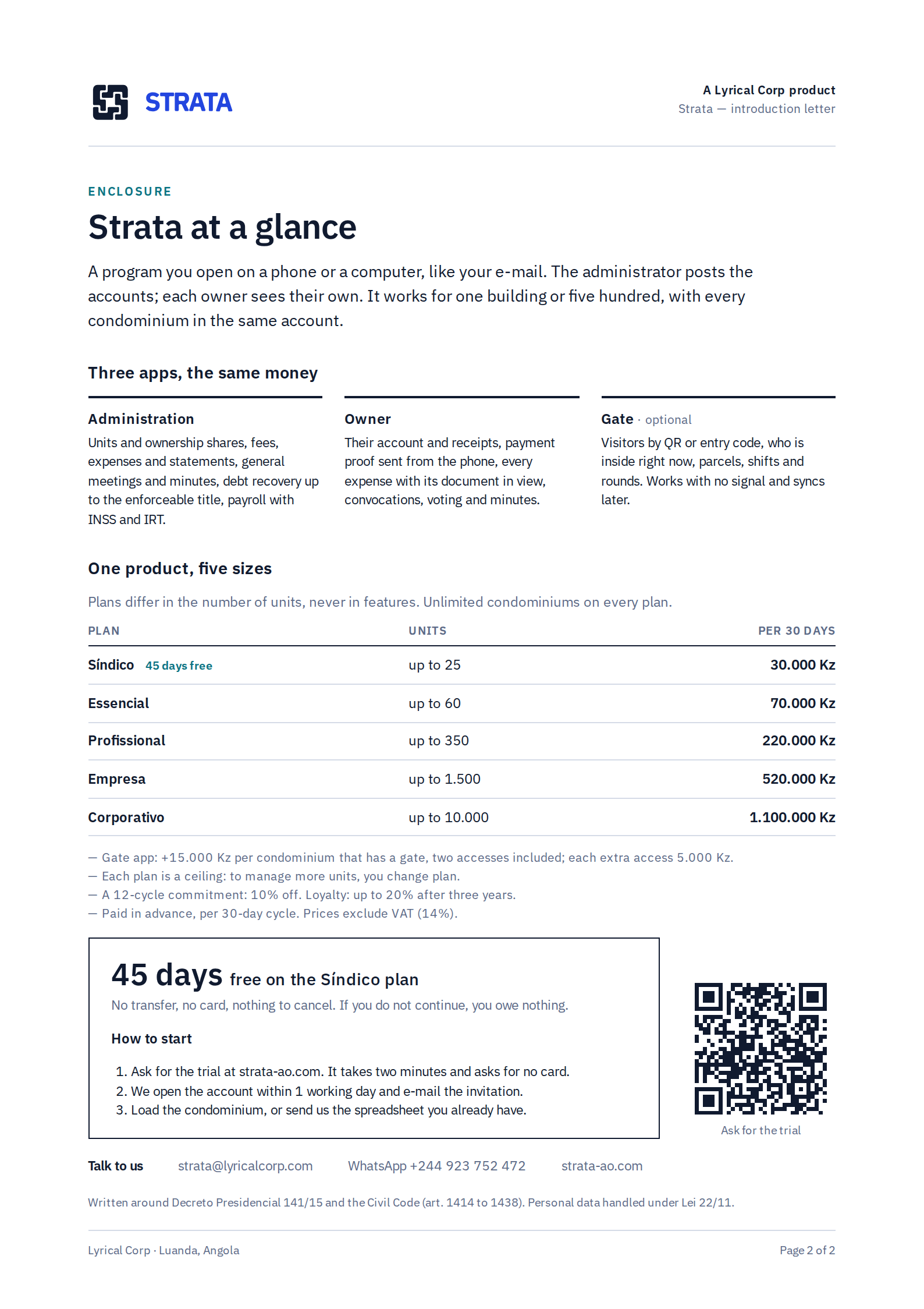 Page 2: Strata at a glance — the three apps, the five plans from 30.000 Kz to 1.100.000 Kz per 30 days, the 45-day trial and the contacts.
