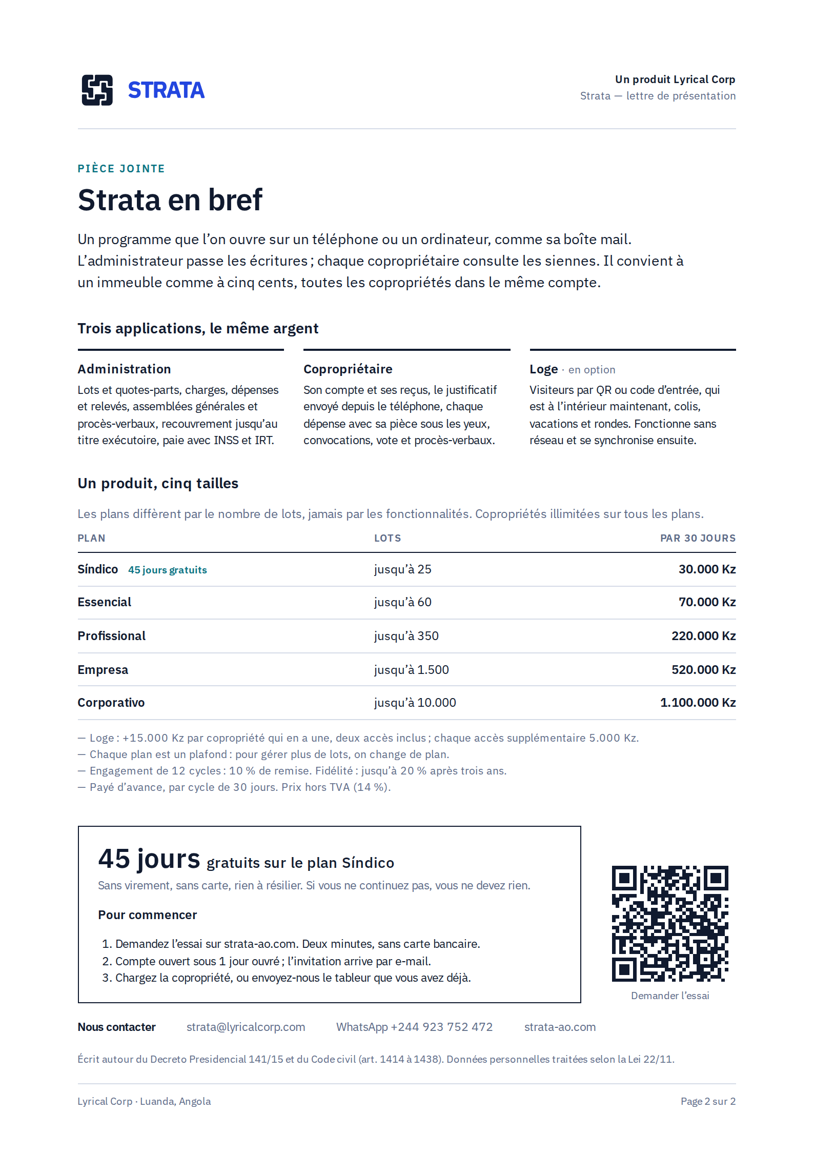 Page 2 : Strata en bref — les trois applications, les cinq plans de 30.000 Kz à 1.100.000 Kz par 30 jours, l’essai de 45 jours et les contacts.