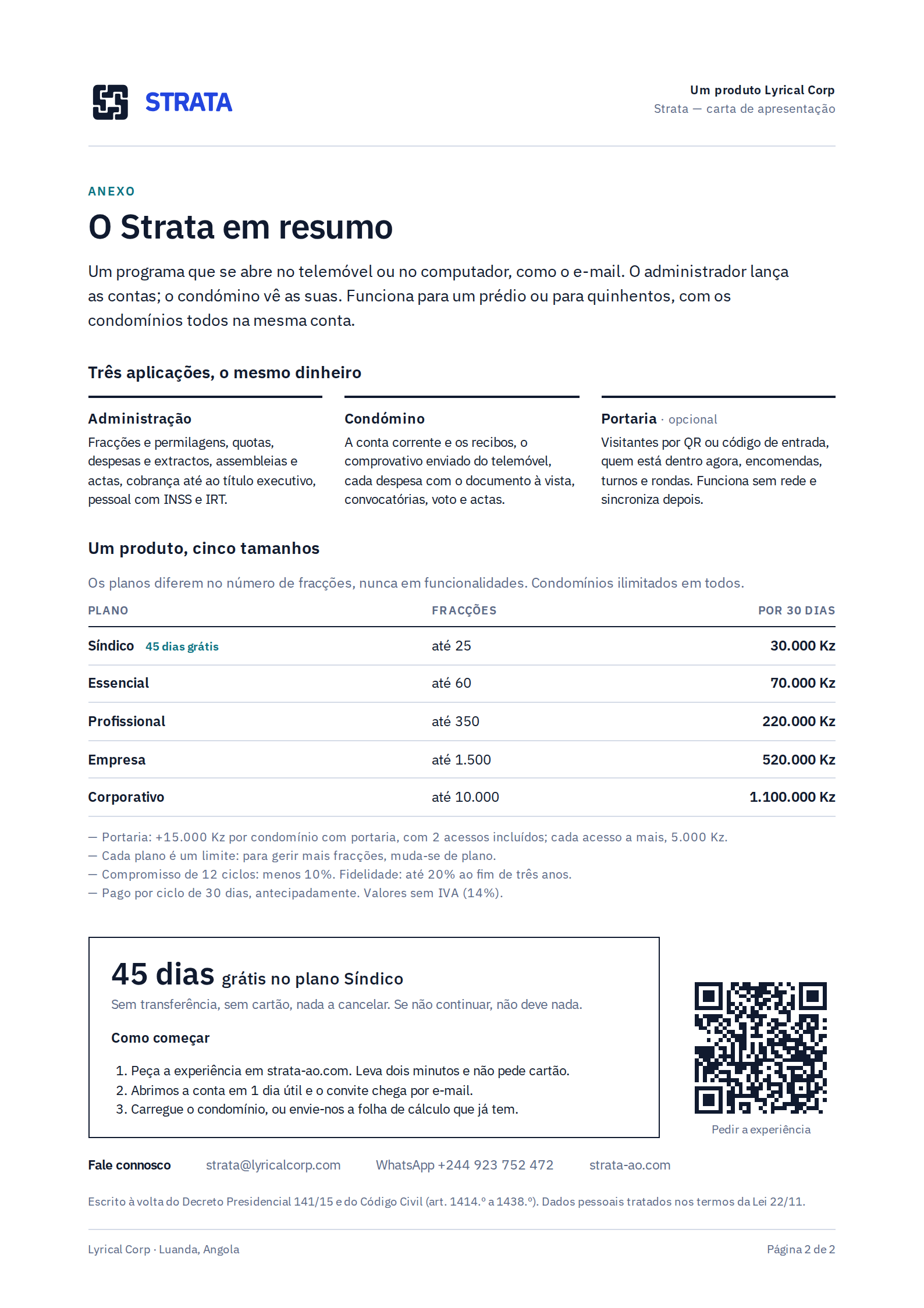 Página 2: o Strata em resumo — as três aplicações, os cinco planos de 30.000 Kz a 1.100.000 Kz por 30 dias, a experiência de 45 dias e os contactos.